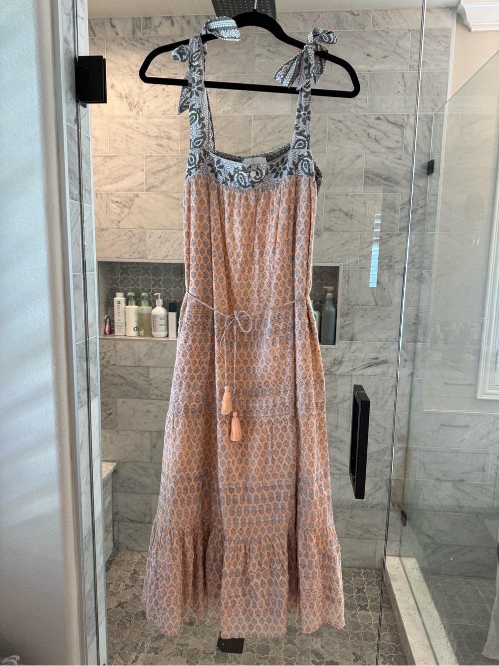 Cleobella Peach and Gray Tie-Shoulder Maxi Dress